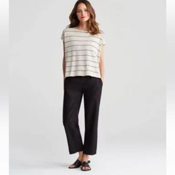 Eileen Fisher Organic Linen Blend Jersey Stripe Hi-Lo Lightweight Top Small - Picture 1 of 11